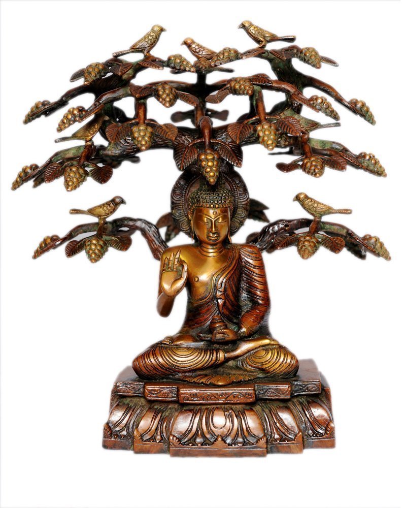Brass seated Buddha statue under Bodhi tree, ornate leaves and fruit, 15 in height