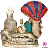 Brass Vishnu Lakshmi idol statue, side/rear view with multi-color mosaic and raised hands