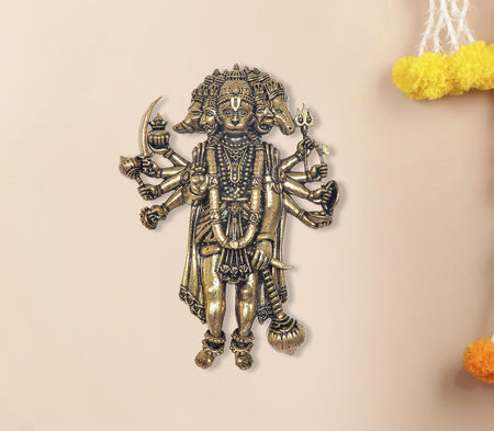 Superfine Brass Standing Panchmukhi Hanuman Wall Hanging Idol Ten Armed (Height :4 Inch)