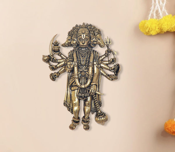 Superfine Brass Standing Panchmukhi Hanuman Wall Hanging Idol Ten Armed (Height :4 Inch)