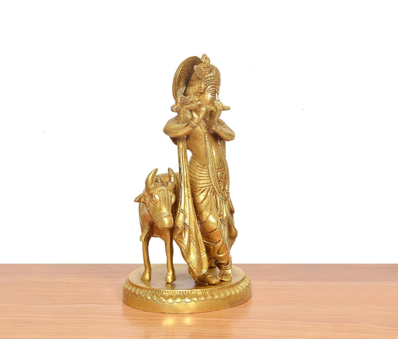 Brass Lord Krishna Playing Flute with Cow Idol (Height 9 Inch)