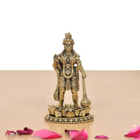 Hanuman Ji brass standing idol, raised hands and beaded waist detailing on lotus base