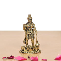 Hanuman Ji brass standing idol, raised hands and beaded waist detailing on lotus base