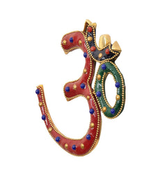 OM wall hanging in brass with red 3 and green 0, gold border and multicolor beads