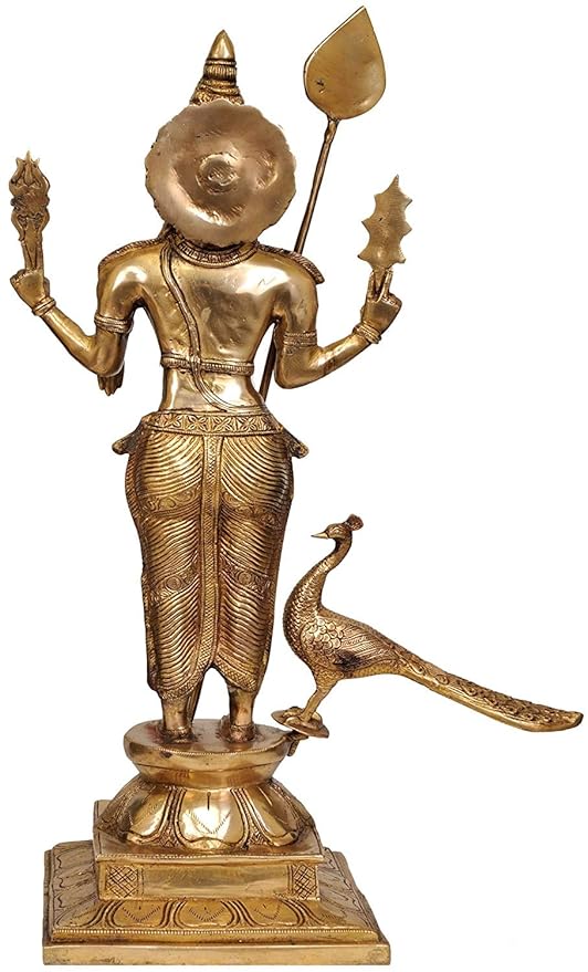 Lord Swami Kartikeya Ji/Kartik Statue with Peacock Brass Murugan Subramanya Murti Height 23.5 Inches