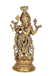 Krishna deity figurine with raised hands and flute, multi-plated golden finish, round base.