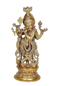 Krishna deity figurine with raised hands and flute, multi-plated golden finish, round base.