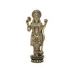 Standing Vishnu brass idol, front view with crown and four-armed pose