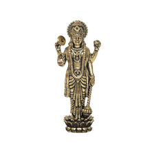 Standing Vishnu brass idol, front view with crown and four-armed pose