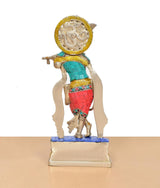 Back view Krishna flute idol sculpture with OM medallion; teal top and red pants