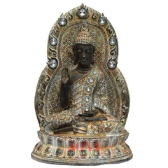 Resin Buddha idol with jeweled oval halo, seated pose, ornate details, 31 cm