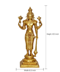 Brass Vishnu four-armed statue with height 20.5 in and width 8.5 in