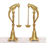 Brass oil lamp stand set of 2 with parrot finials and linked hanging chains