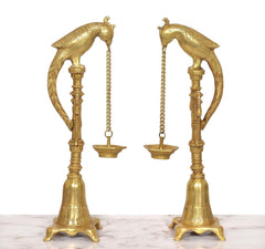 Brass oil lamp stand set of 2 with parrot finials and linked hanging chains