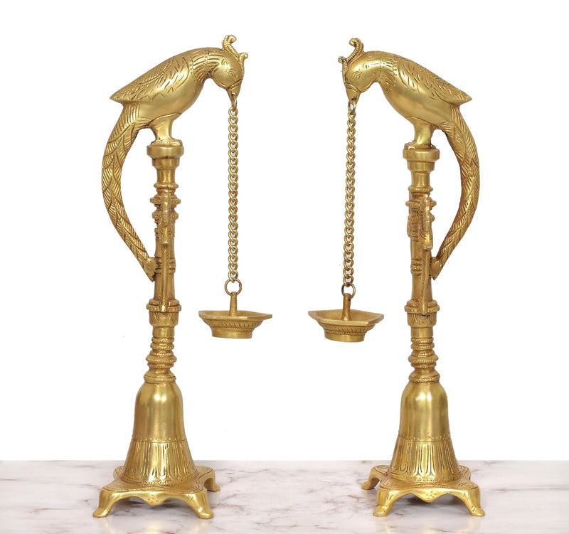 Brass Parrot Hanging Chain Oil Lamp Stand Diya |Set of 2| (Height: 16.5 Inch)