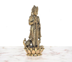 Bronze standing Lord Kartikeya murti with lotus base, peacock tail and raised hand