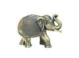Brass elephant figurine with textured body and detailed face, front-right view