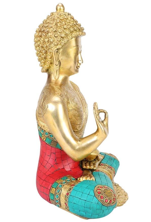 Brass Buddha with beautiful design on chest (Height: 12 inches)