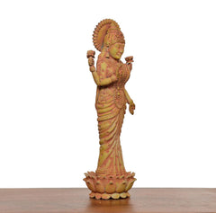 Superfine Brass Lakshmi standing murti, 8 inch, right side profile, lotus base