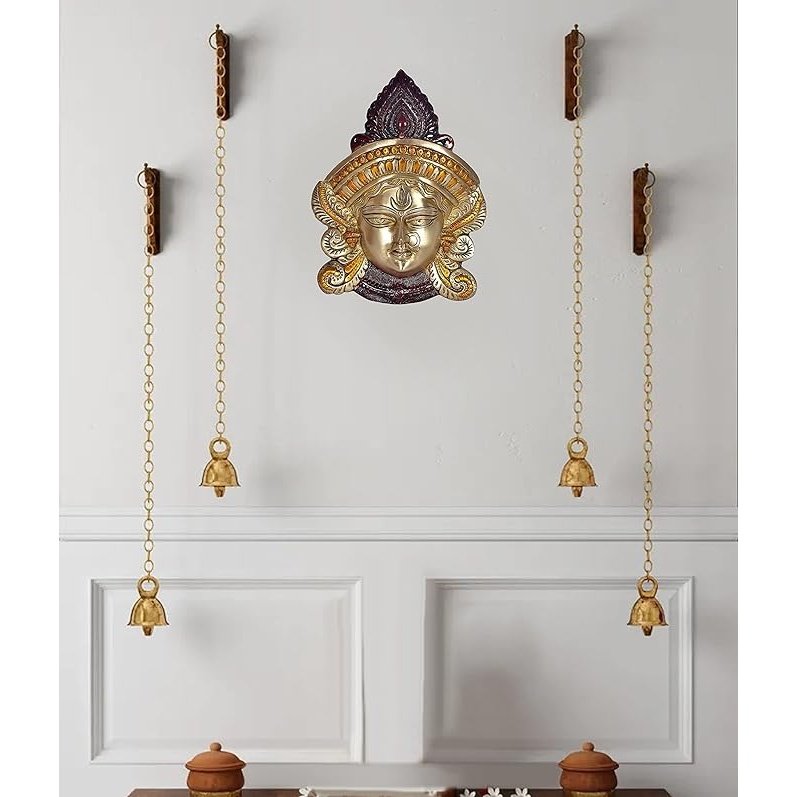 Brass Maa Durga idol wall hanging with crown head and hanging bell chains