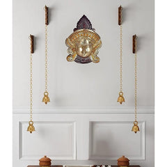 Brass Maa Durga idol wall hanging with crown head and hanging bell chains