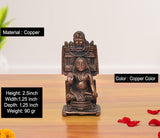 Copper guru idol, seated Raghavendra Swami figure, 2.5 inch height, front view.