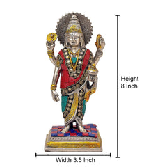 Dhanvantari brass statue, red and teal robe; height shown as 8 inch.