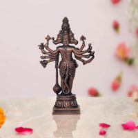 Copper Panchmukhi Hanuman idol, front view with multiple arms and tall headdress
