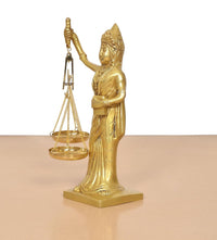Gold-toned Lady Justice statue with scales, side view, detailed face, robe, and base