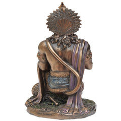 Bronze Lord Hanuman figurine, 7.5 in, rear view with carved crown details and purple shawl