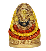 Brass Khatu Shyam ji idol close-up (3 inch), detailed crown and red flower garlands