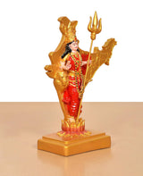 Resin Mother India idol, trident raised; red garments with ornate gold details on base