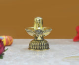 Superfine Brass Shivling with Nandi, winged tray base, 3 inch