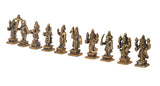 Brass ten Dashavatara avatars figurines with raised arms, on square pedestal bases.
