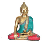 Brass Buddha idol in Bhumisparasha mudra, teal robe and red mosaic base