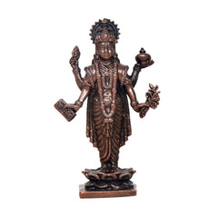 Copper Dhanvantari statue, front view, four arms with vessel and symbols, on base