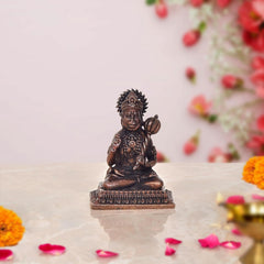 Copper seated Hanuman idol figurine, 2-inch height, raised blessing hand