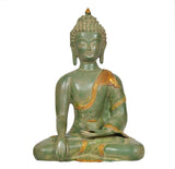Bhumisparsha mudra Buddha statue, lotus-seated pose, brass with golden robe trim