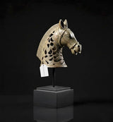 Vintage bronze horse head sculpture on stand, arched mane cutouts, 13 in height