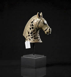 Vintage bronze horse head sculpture on stand, arched mane cutouts, 13 in height