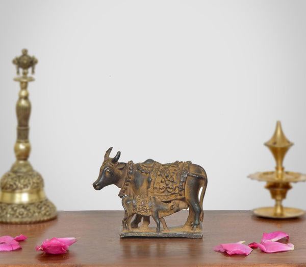 Copper Cow with Calf statue (Height 2 Inch) Mandir Setting