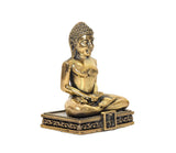 Messing-Jain-Idolfigur, seitliche Ansicht mit Meditationshaltung und rundem Sockel, goldfarben