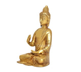 Messing-Buddhaidol im Profil, sitzende Haltung mit Abhaya-Mudra-Handgeste