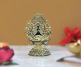 Brass Laxmi diya with raised canopy and central wick cup, 4-inch height