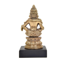 Rear view Ayyappan swami bronze seated statue with ornate back detailing, black base