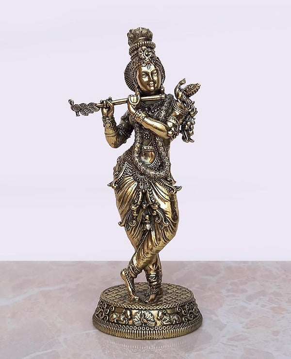 Super Fine Brass Lord Krishna Idol Figurine Sculpture Playing Flute Statue Decorative Showpiece, (Height 5.5 Inch) Entryway Setting