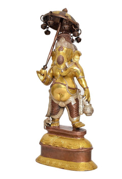 Brass Ganesha statue with parasol, sculpted crown and jewelry, brown-gold finish