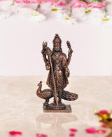 Copper standing Kartikeya Murugan deity murti with peacock, ornate base