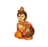 Resin Laddu Gopal makhan chor idol, side view holding butter pot with patterned shawl.