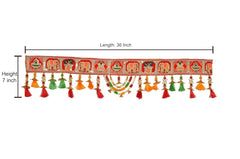 Toran door hanging length 36 in, red border, elephant motifs, tassels, bead garlands